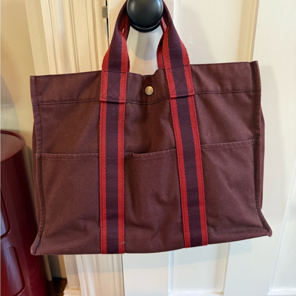 Hermes Burgundy Fourre Tout Canvas Bag - Picture 3 of 5